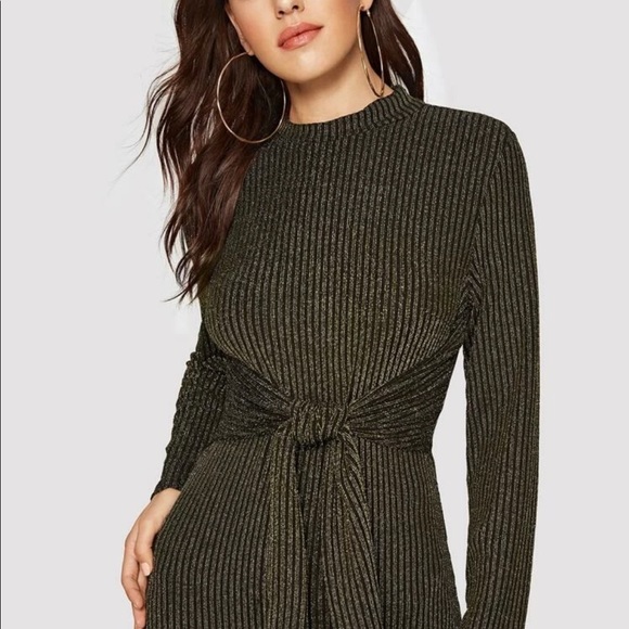 Tie Waist Side Slit Metallic Ribbed Sweater Dress - Picture 2 of 5